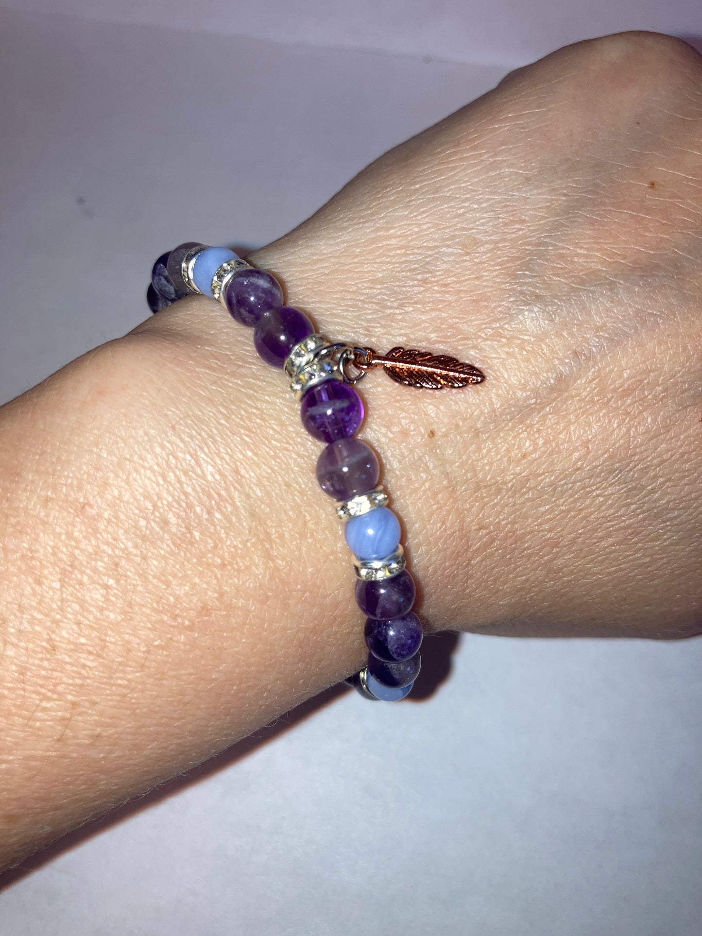 Veil of the Mystic Ameythst and Blue Lace Agate Genuine Healing Crystals bracelet feather charm with beautiful spacers