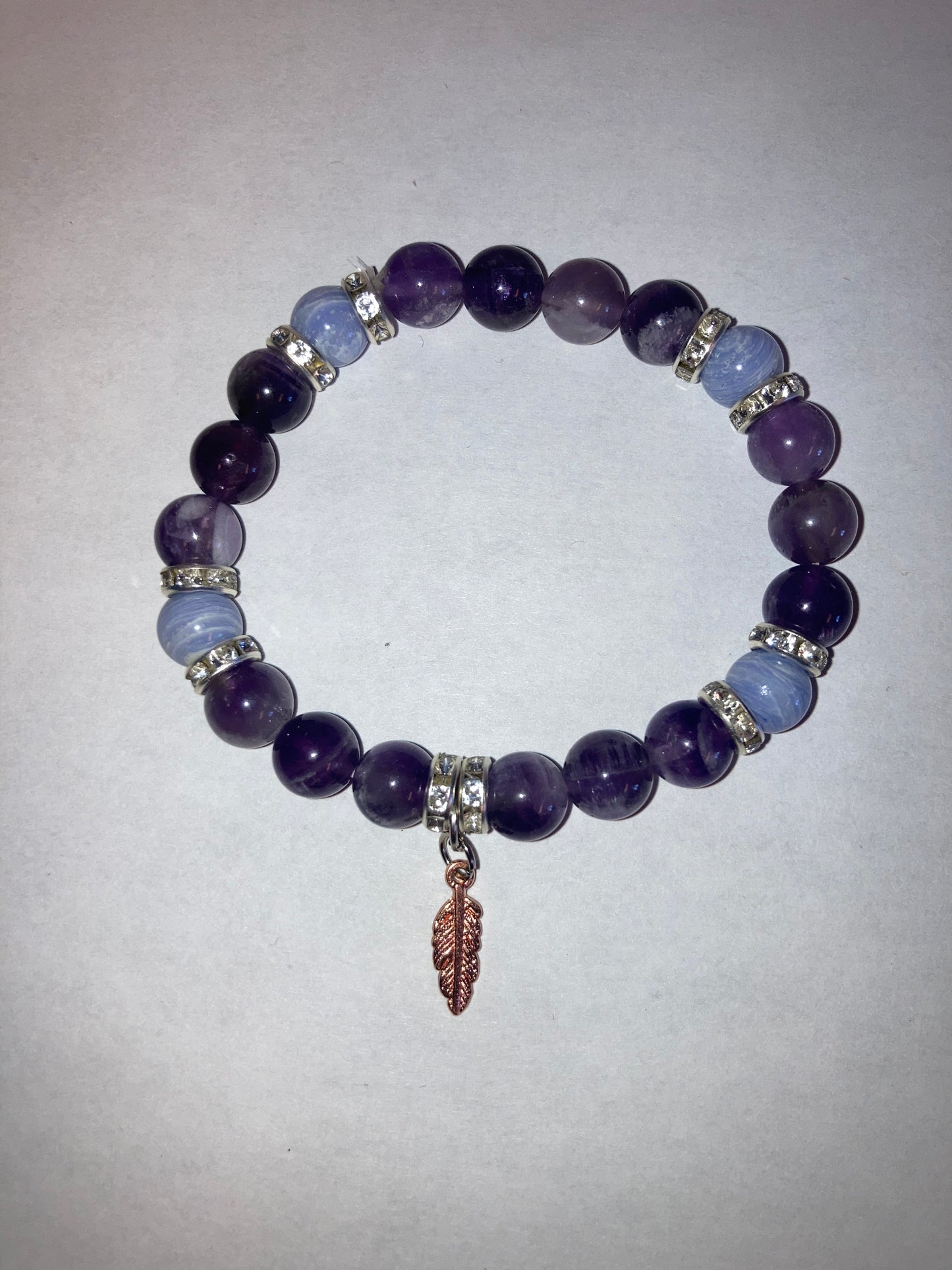 Veil of the Mystic Ameythst and Blue Lace Agate Genuine Healing Crystals bracelet feather charm with beautiful spacers