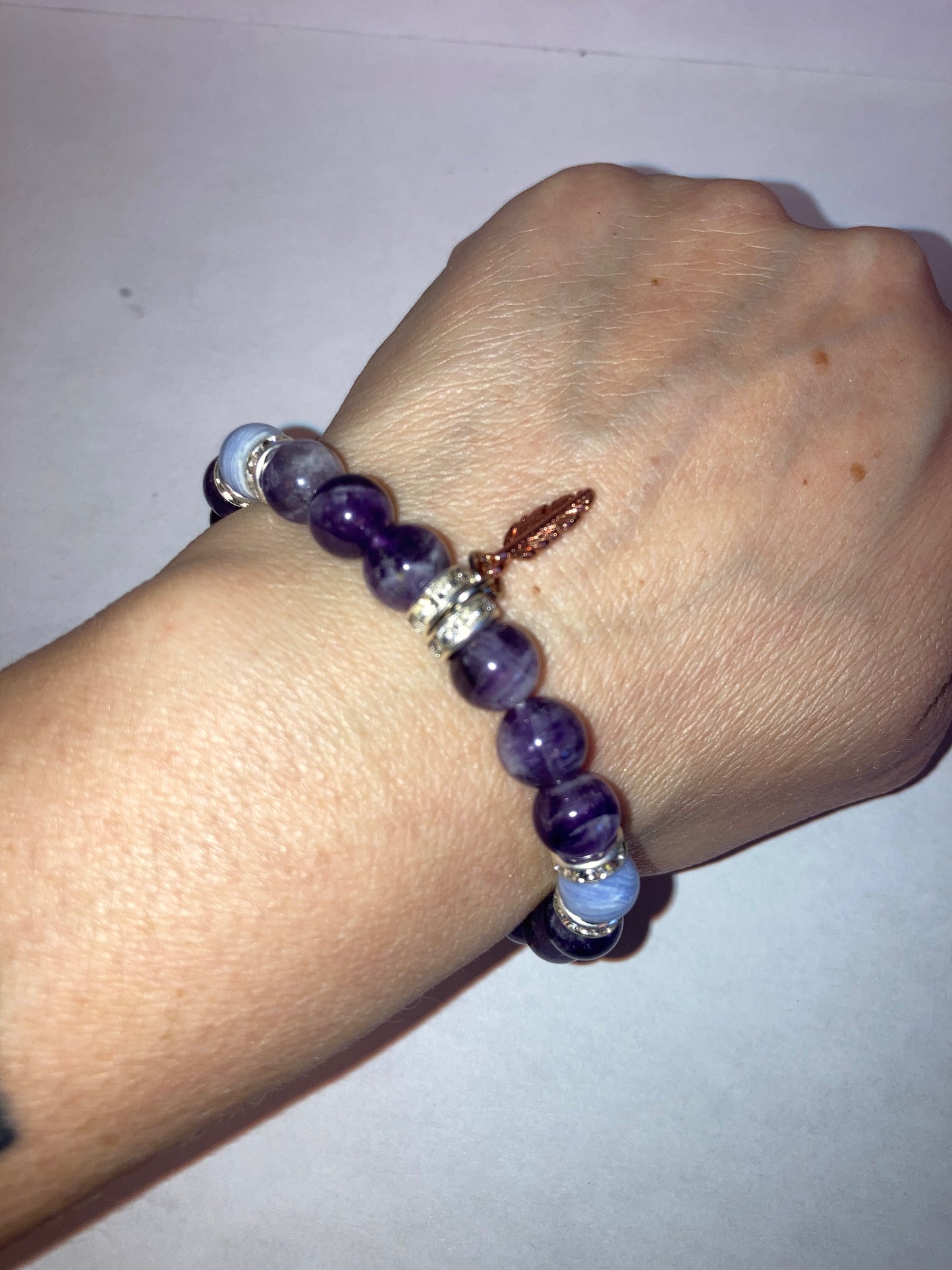 Veil of the Mystic Ameythst and Blue Lace Agate Genuine Healing Crystals bracelet feather charm with beautiful spacers