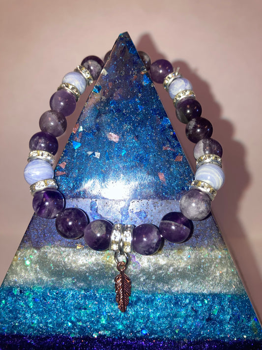Veil of the Mystic Ameythst and Blue Lace Agate Genuine Healing Crystals bracelet feather charm with beautiful spacers