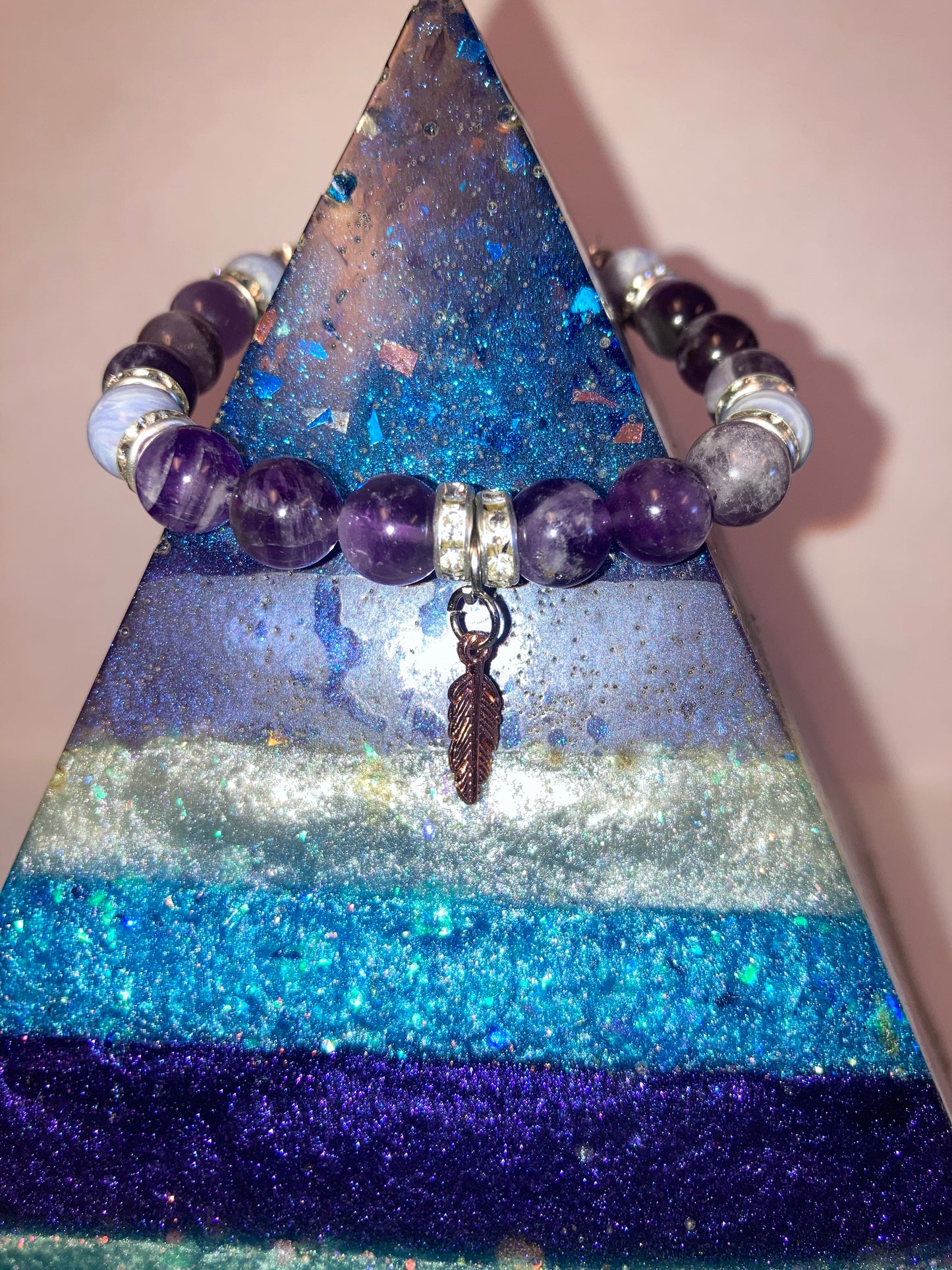 Veil of the Mystic Ameythst and Blue Lace Agate Genuine Healing Crystals bracelet feather charm with beautiful spacers