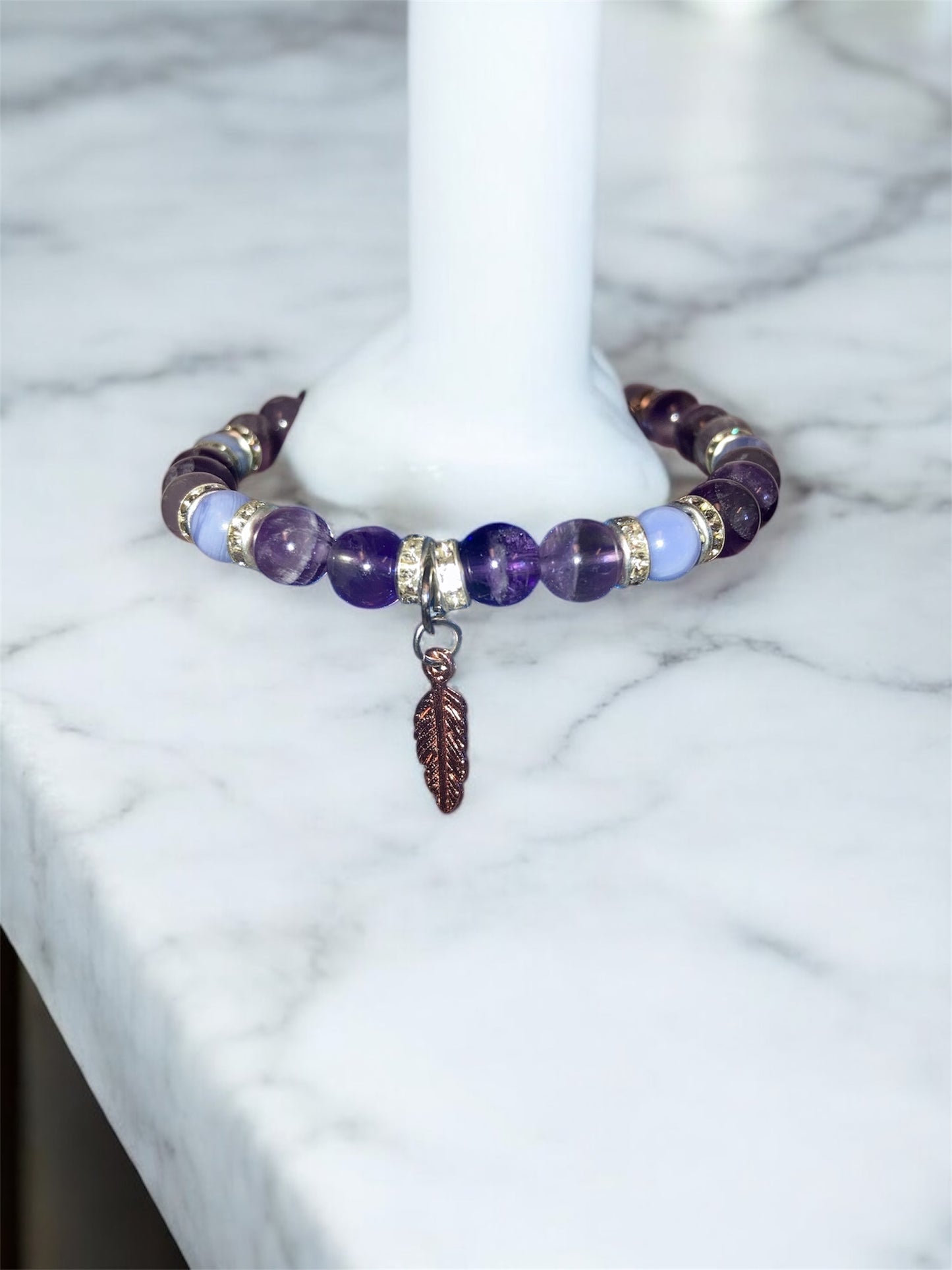 Veil of the Mystic Ameythst and Blue Lace Agate Genuine Healing Crystals bracelet feather charm with beautiful spacers
