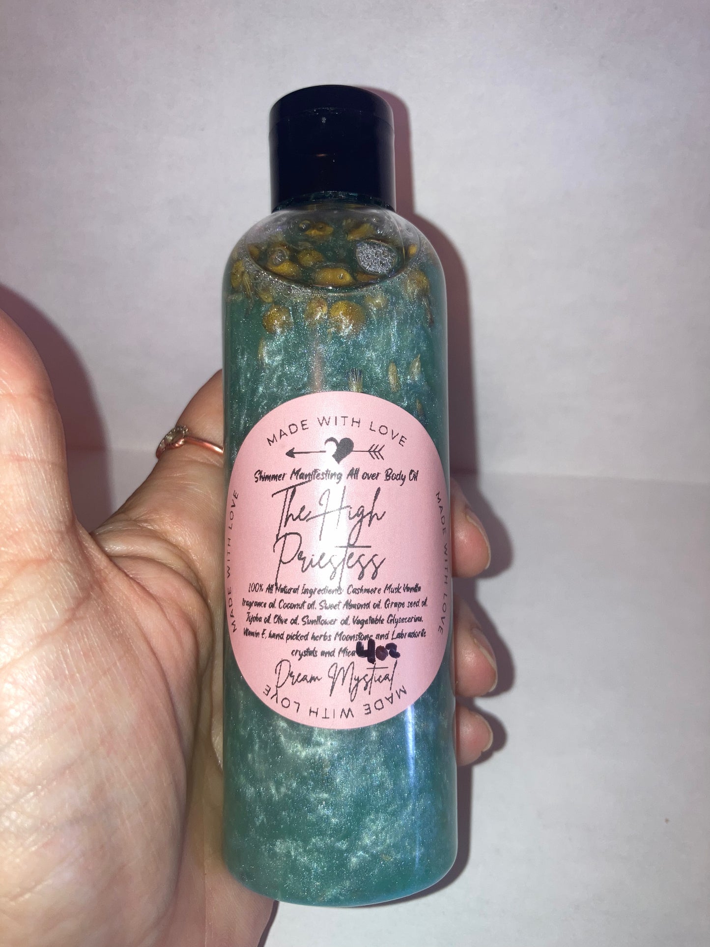 The High Priestess Manifesting All Over Body & Ritual Oil Cashmere Musk and Vanilla handpicked flowers/herbs infused with Moonstone & Labradorite crystal chips