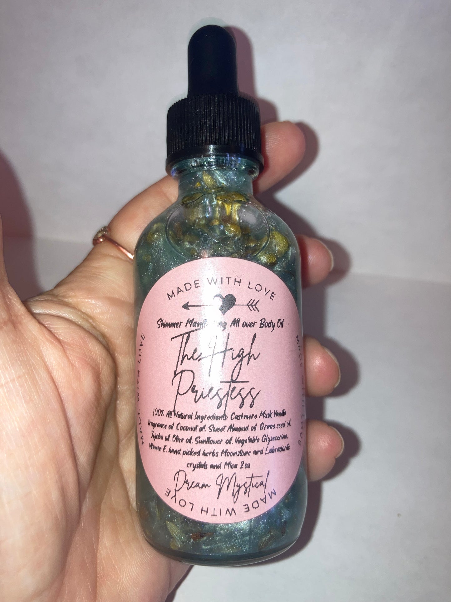 The High Priestess Manifesting All Over Body & Ritual Oil Cashmere Musk and Vanilla handpicked flowers/herbs infused with Moonstone & Labradorite crystal chips