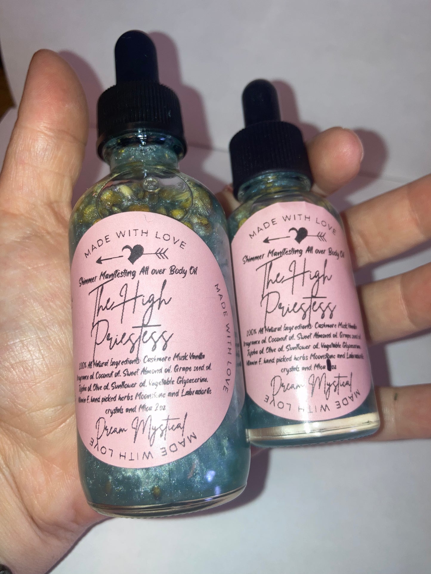 The High Priestess Manifesting All Over Body & Ritual Oil Cashmere Musk and Vanilla handpicked flowers/herbs infused with Moonstone & Labradorite crystal chips