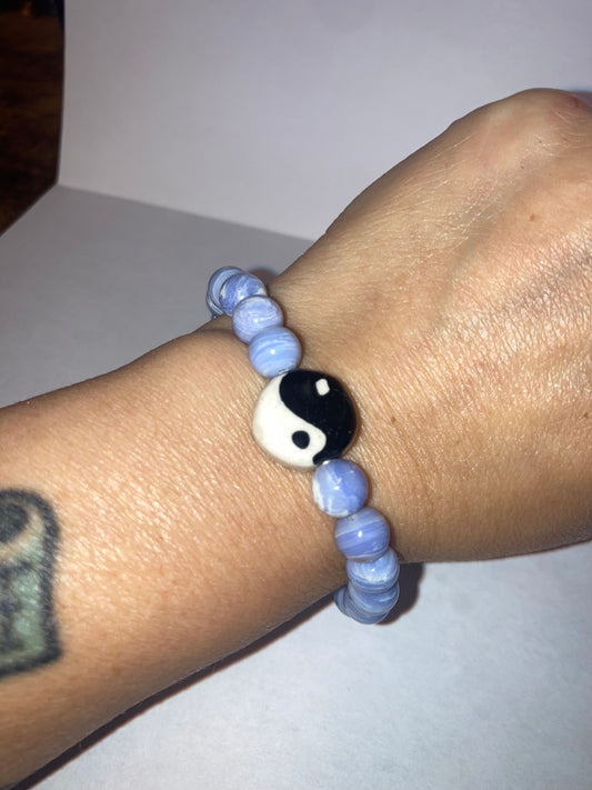 Yin Yang Divine Truth Blue Lace Agate Genuine Healing Crystals bracelet connect to Archangle Raguel & Mother Goddess Earth Gaia