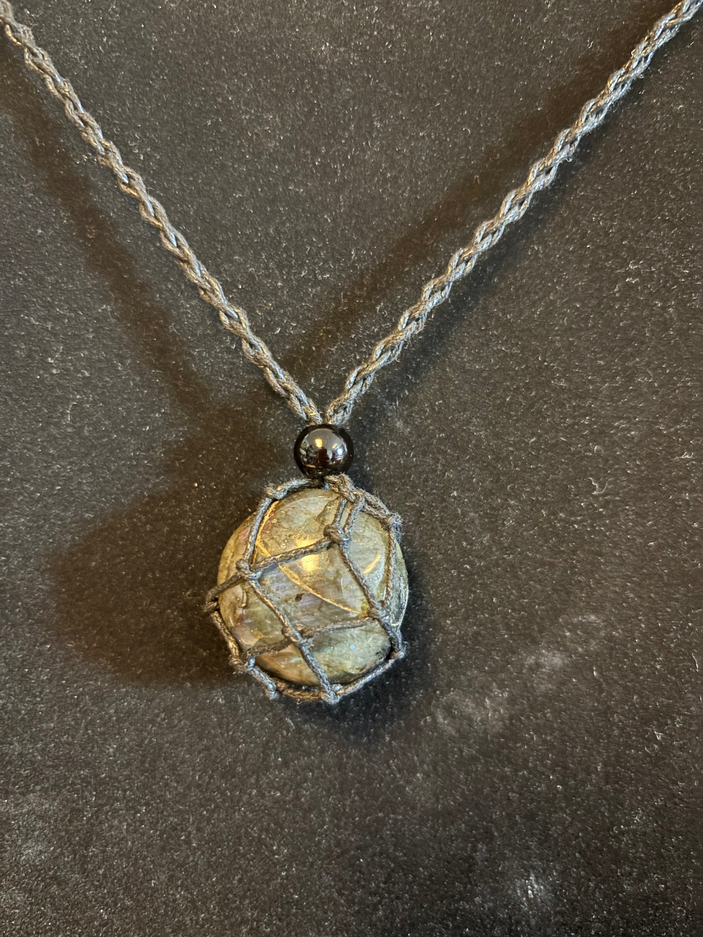 Celestial Shield Labradorite Reiki Infused Interchangeable adjustable crystal Macrame pouch necklace