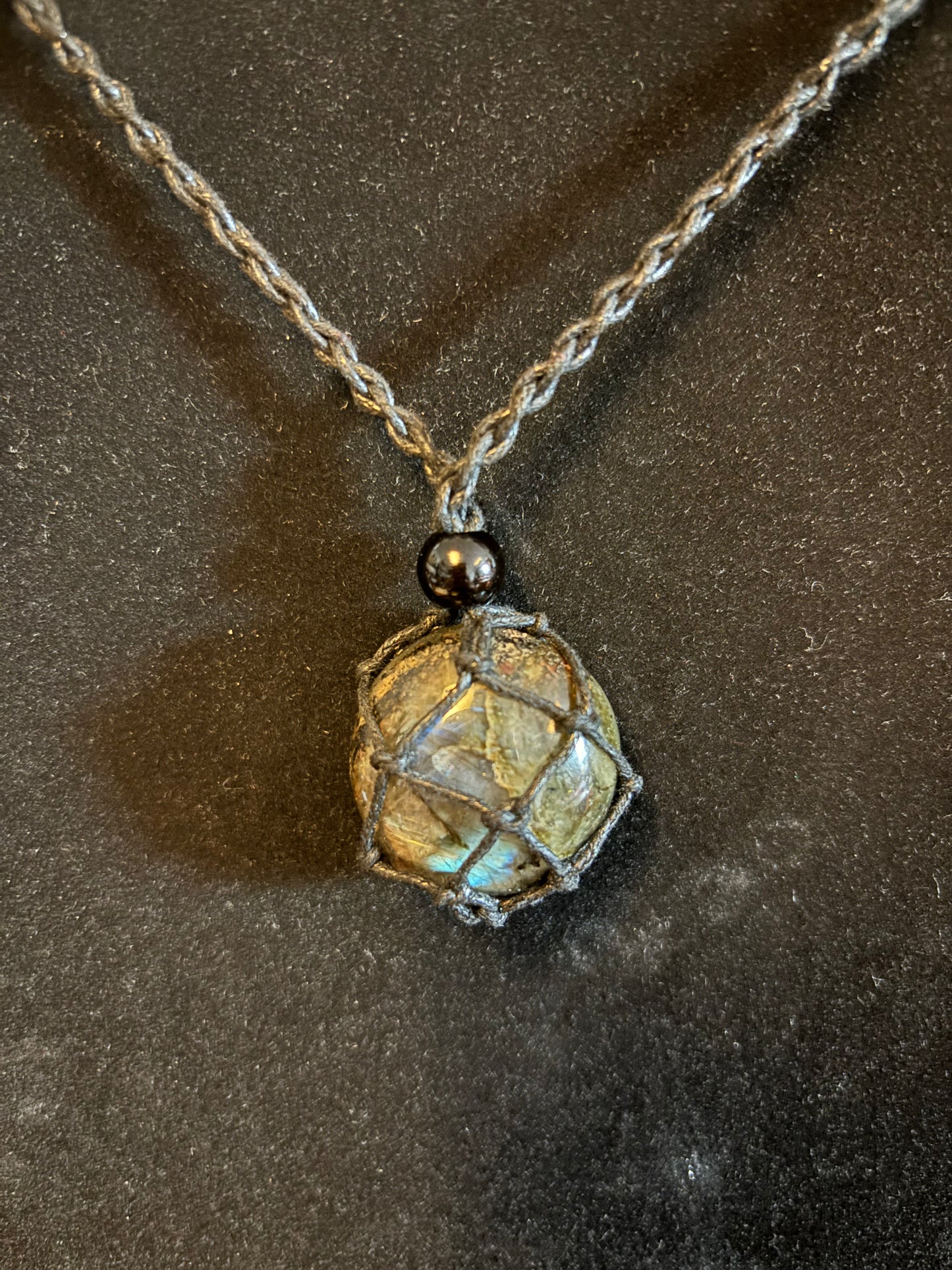 Celestial Shield Labradorite Reiki Infused Interchangeable adjustable crystal Macrame pouch necklace