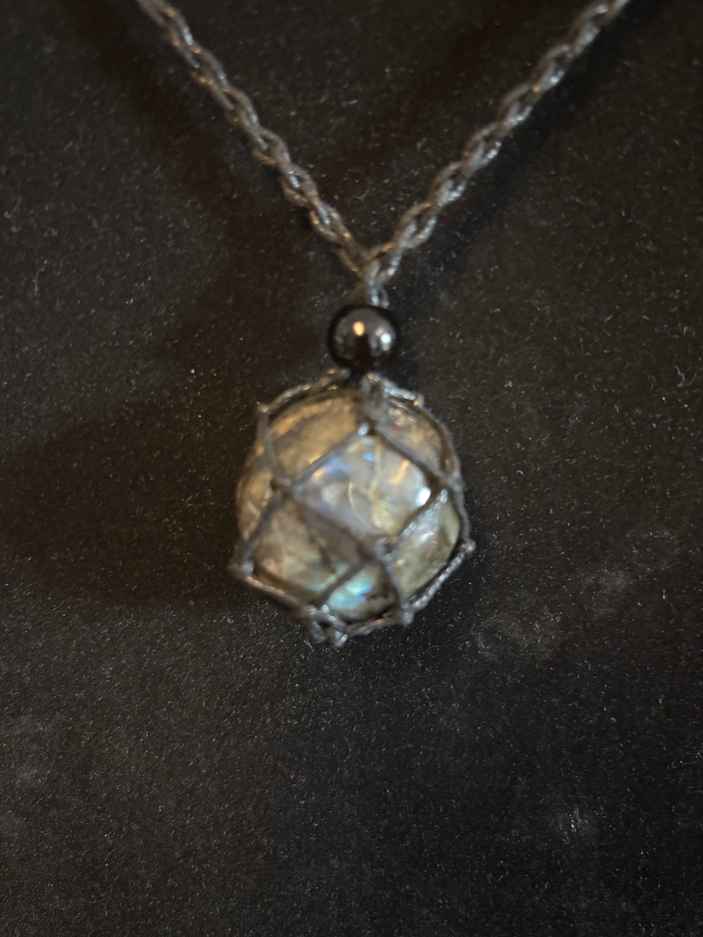 Celestial Shield Labradorite Reiki Infused Interchangeable adjustable crystal Macrame pouch necklace