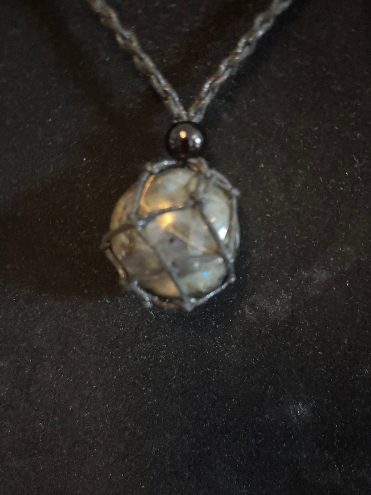 Celestial Shield Labradorite Reiki Infused Interchangeable adjustable crystal Macrame pouch necklace