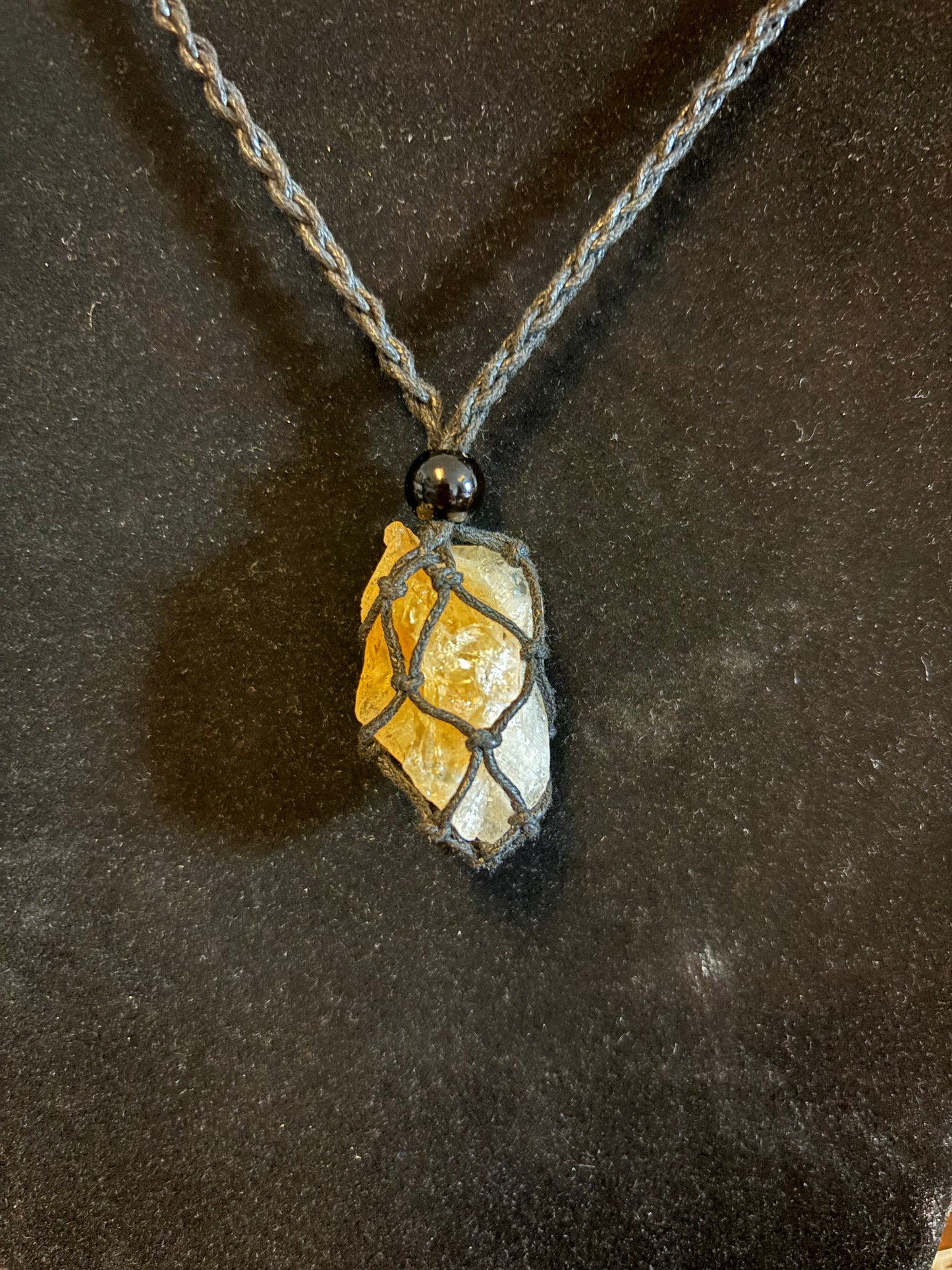 Solar Queen Citrine Reiki Infused Interchangeable adjustable crystal Macrame pouch necklace