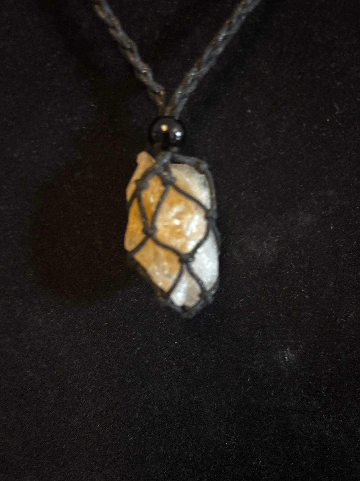 Solar Queen Citrine Reiki Infused Interchangeable adjustable crystal Macrame pouch necklace