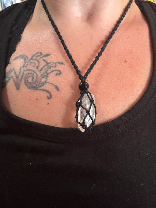 Light Alchemist Clear Quartz Reiki Infused Interchangeable adjustable crystal Macrame pouch necklace