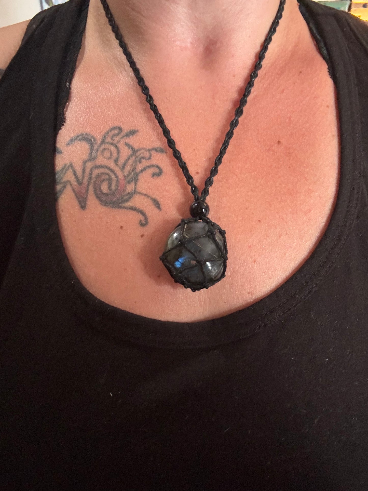 Celestial Shield Labradorite Reiki Infused Interchangeable adjustable crystal Macrame pouch necklace