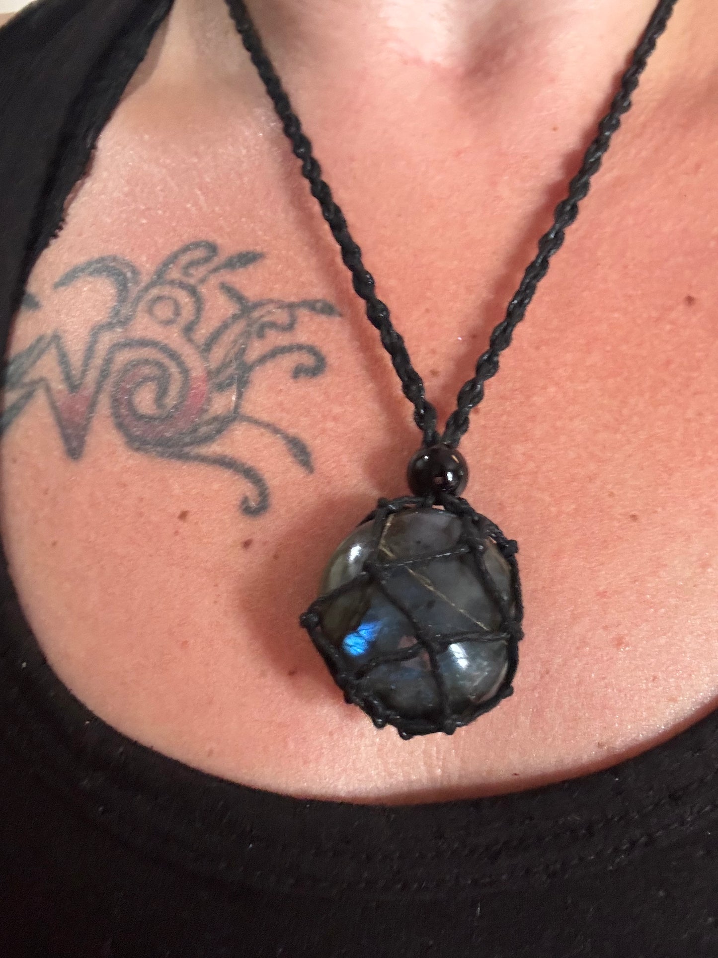 Celestial Shield Labradorite Reiki Infused Interchangeable adjustable crystal Macrame pouch necklace
