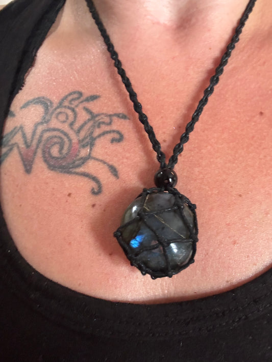 Celestial Shield Labradorite Reiki Infused Interchangeable adjustable crystal Macrame pouch necklace