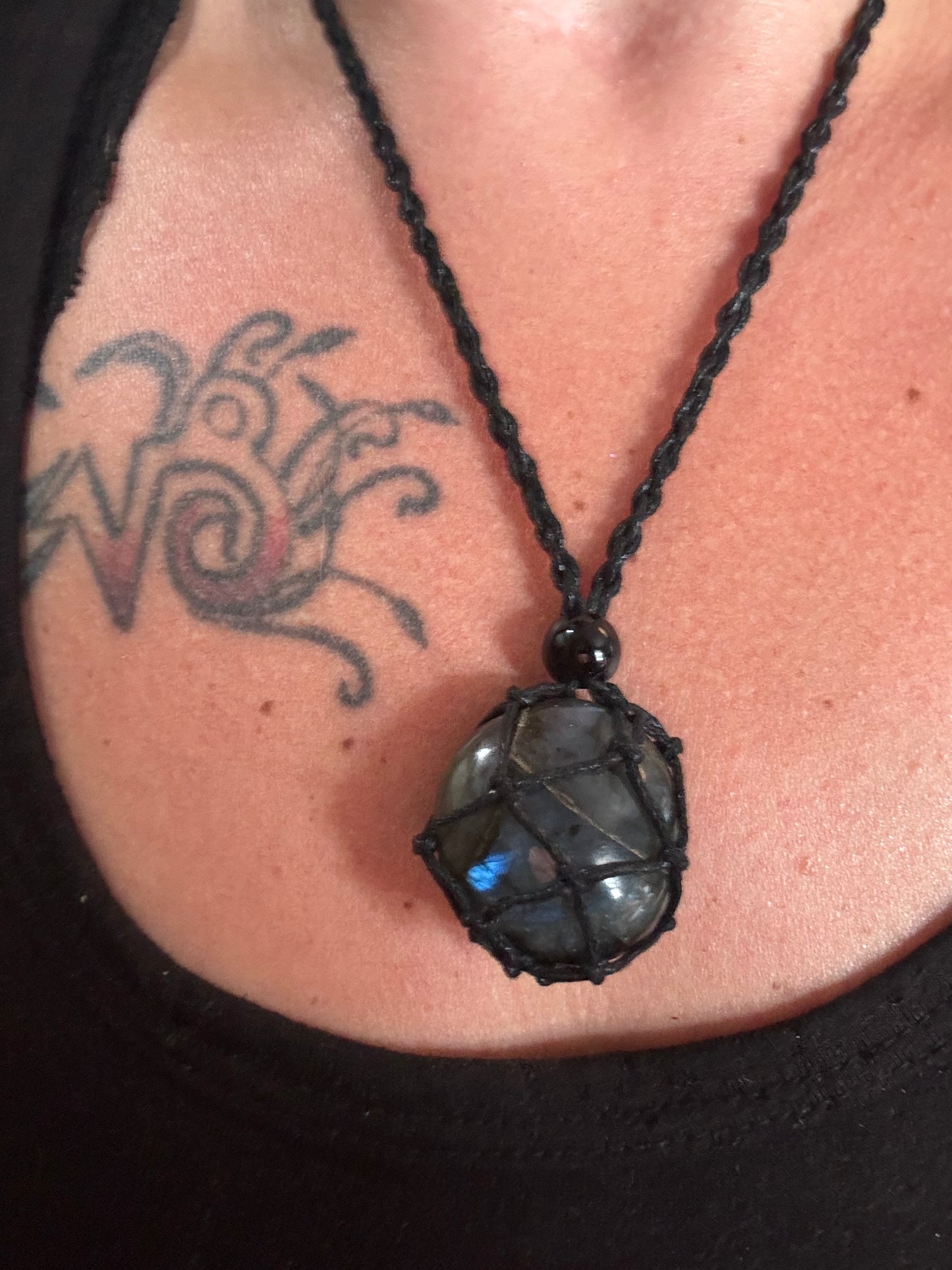 Celestial Shield Labradorite Reiki Infused Interchangeable adjustable crystal Macrame pouch necklace