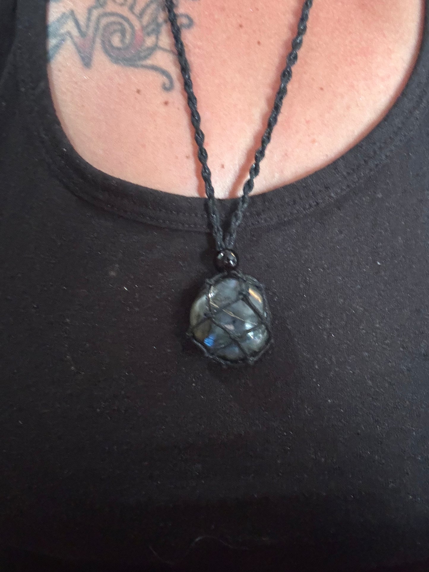 Celestial Shield Labradorite Reiki Infused Interchangeable adjustable crystal Macrame pouch necklace