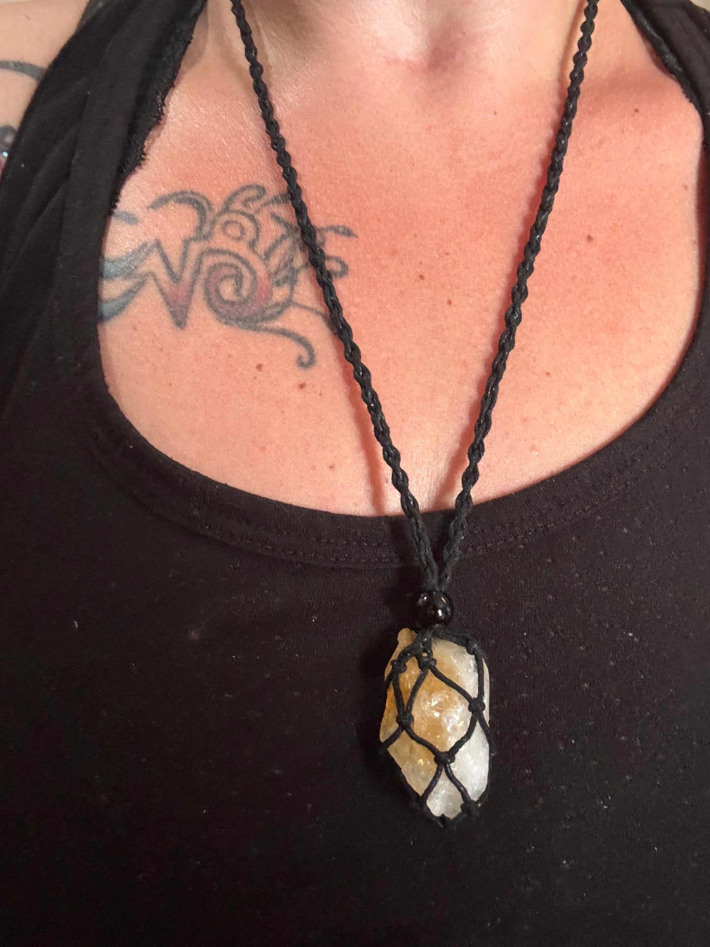 Solar Queen Citrine Reiki Infused Interchangeable adjustable crystal Macrame pouch necklace