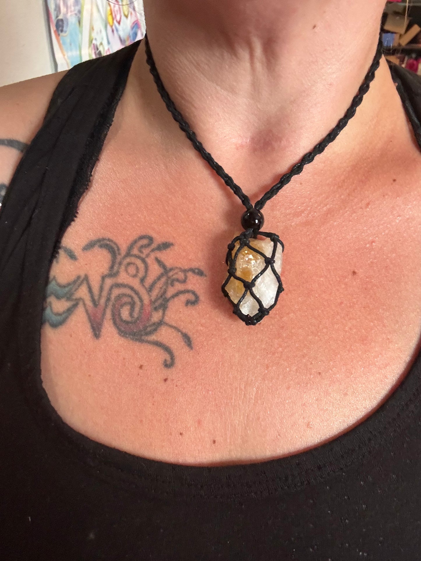 Solar Queen Citrine Reiki Infused Interchangeable adjustable crystal Macrame pouch necklace