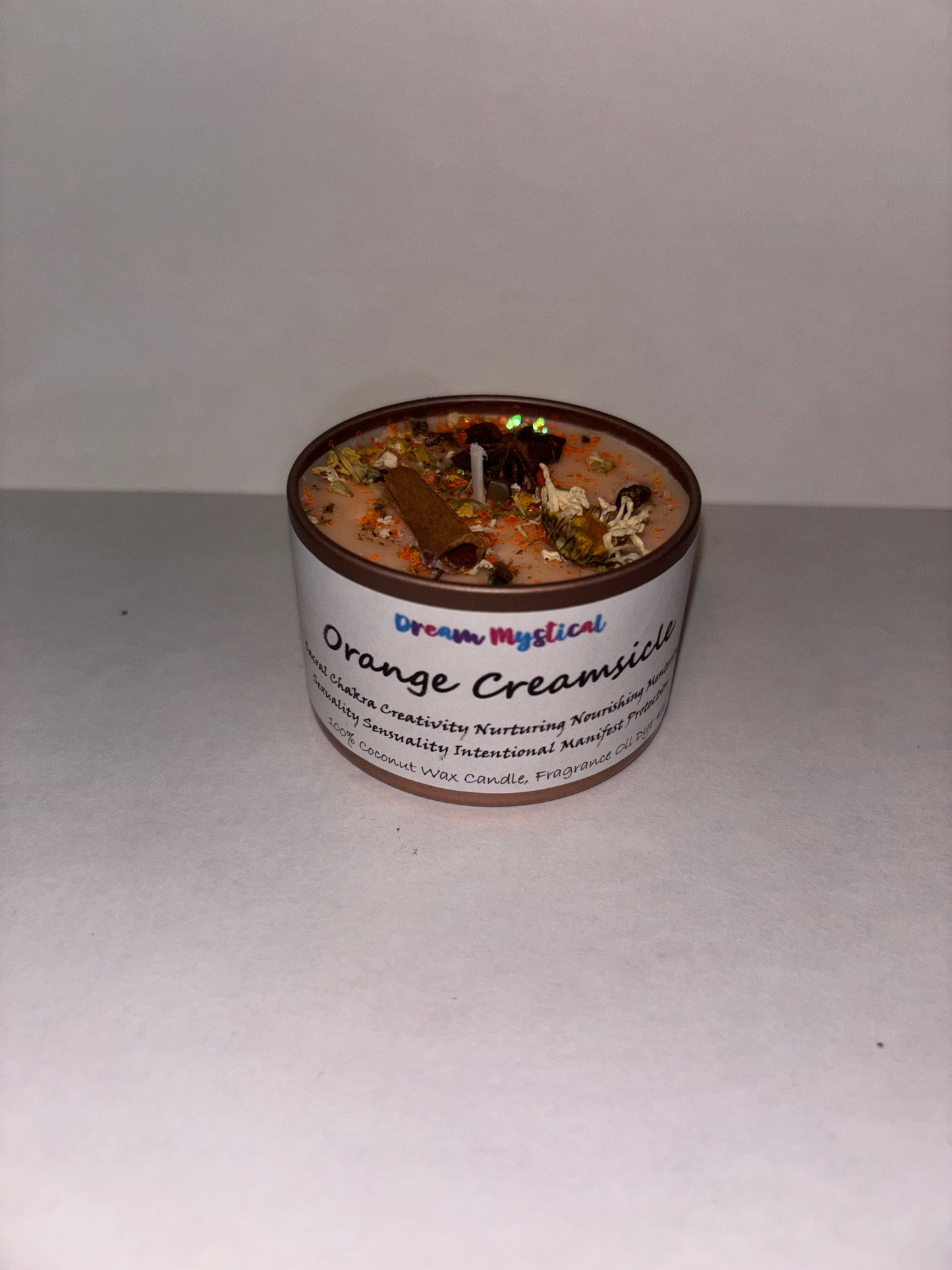 Orange Creamsicle Intentional Manifest 100% Coconut Wax Candle Sacral Chakra infused with crystals and Flowers Herbs