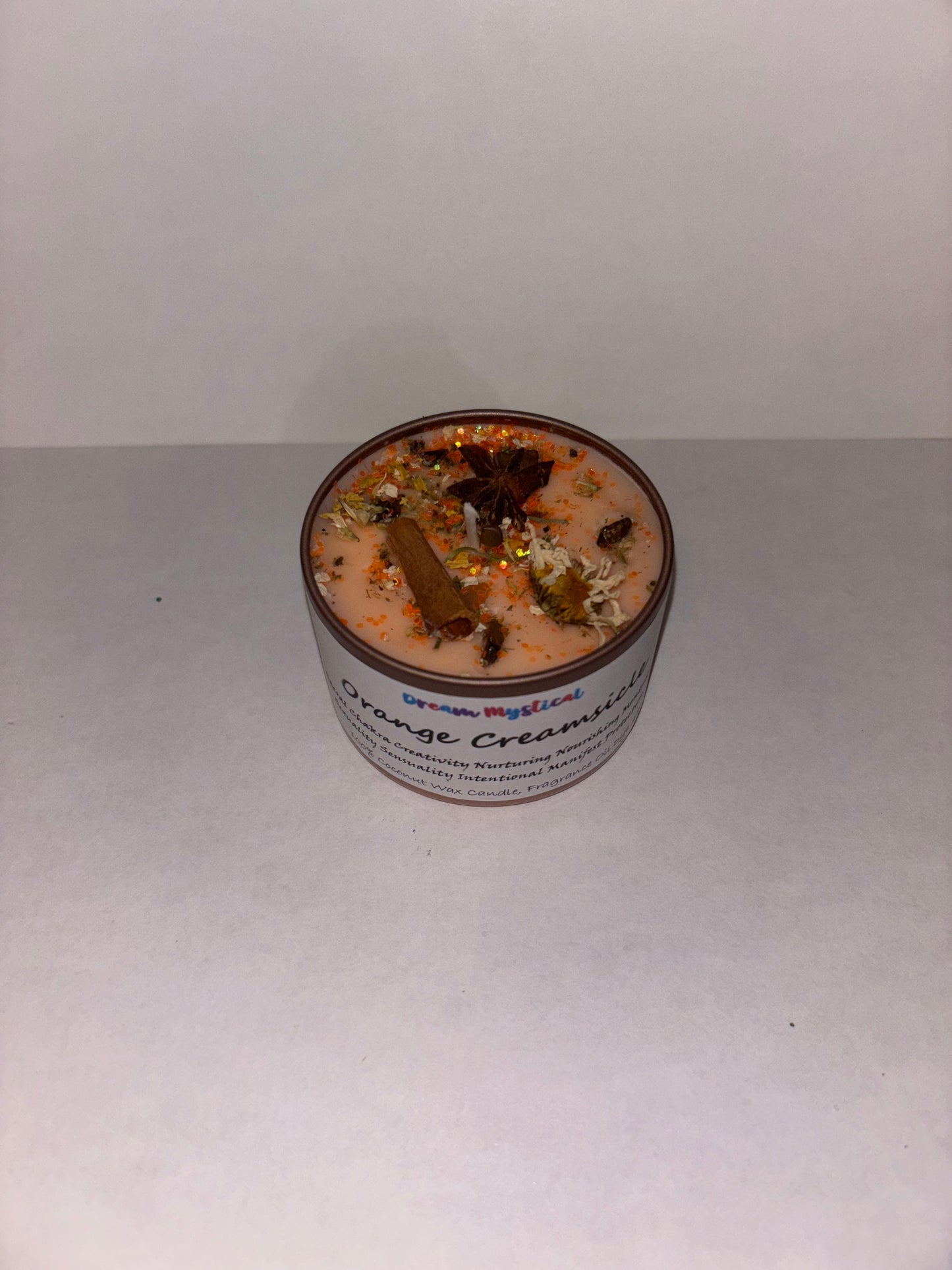 Orange Creamsicle Intentional Manifest 100% Coconut Wax Candle Sacral Chakra infused with crystals and Flowers Herbs
