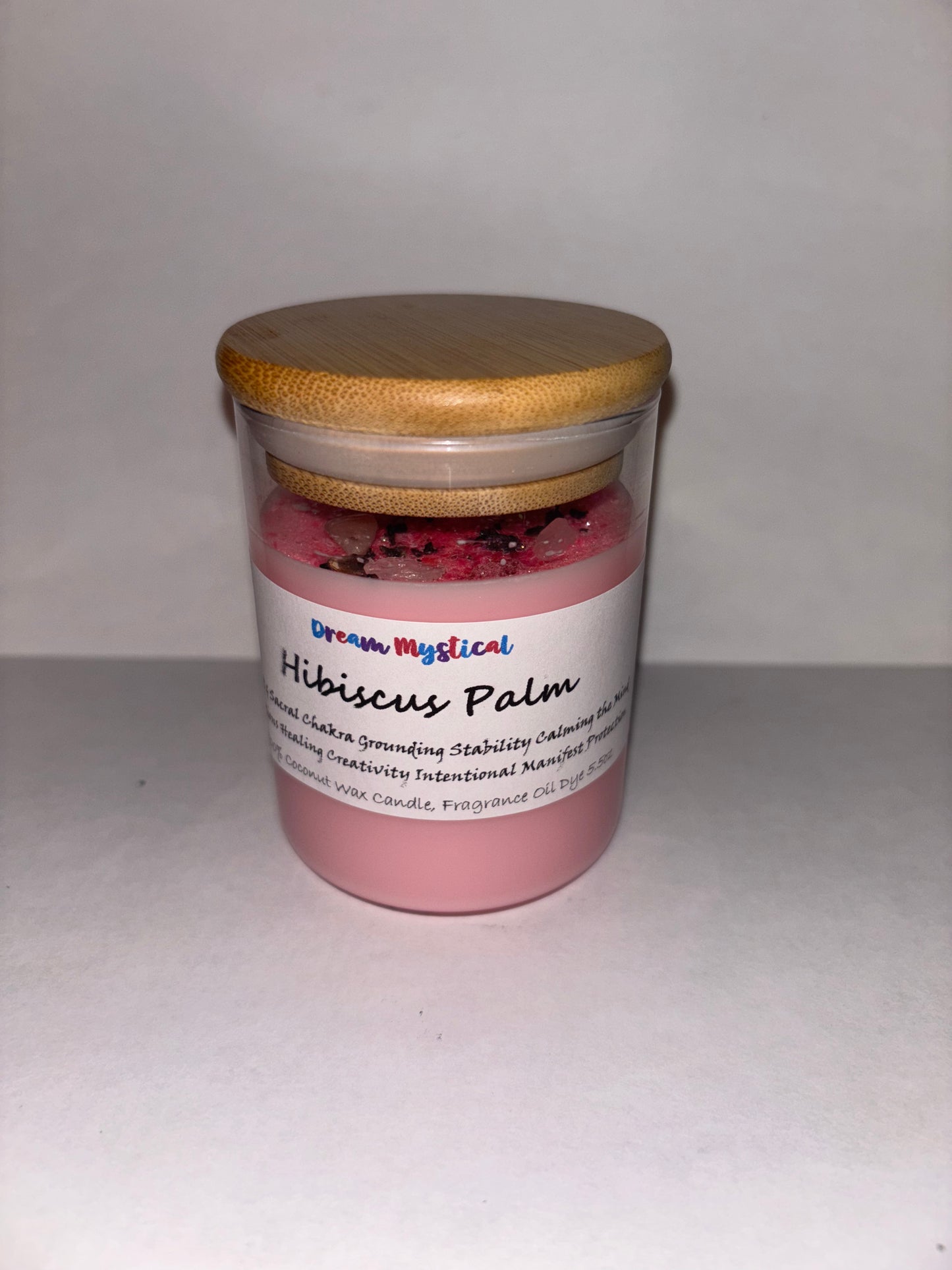 Hibiscus Palm Intentional Manifest 100% Coconut Wax Candle Sacral Chakra infused with crystals and Hibiscus Flower