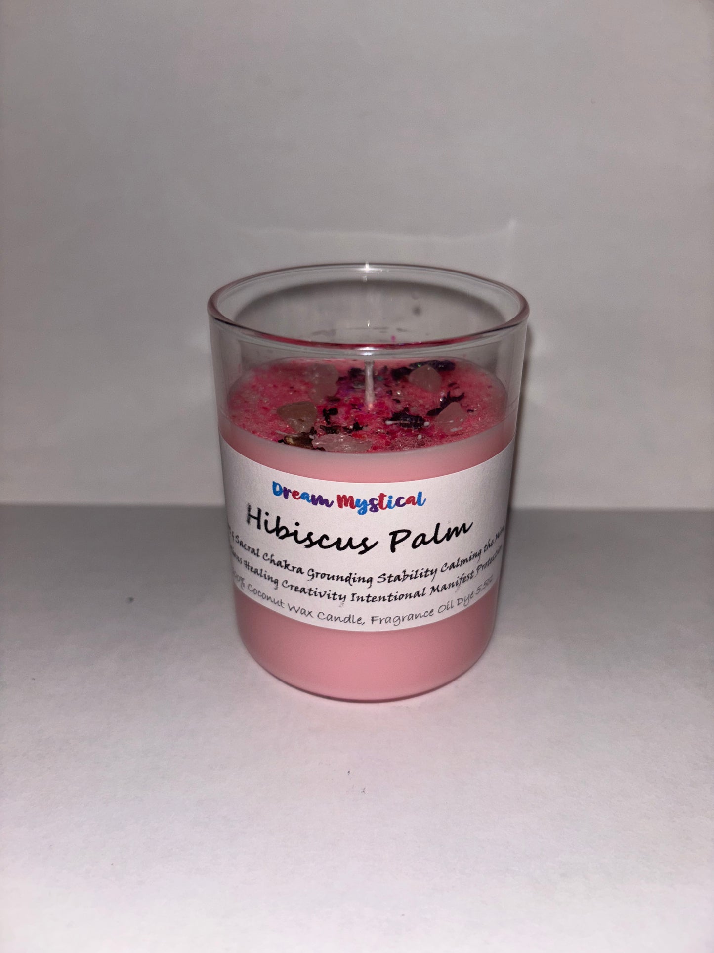 Hibiscus Palm Intentional Manifest 100% Coconut Wax Candle Sacral Chakra infused with crystals and Hibiscus Flower