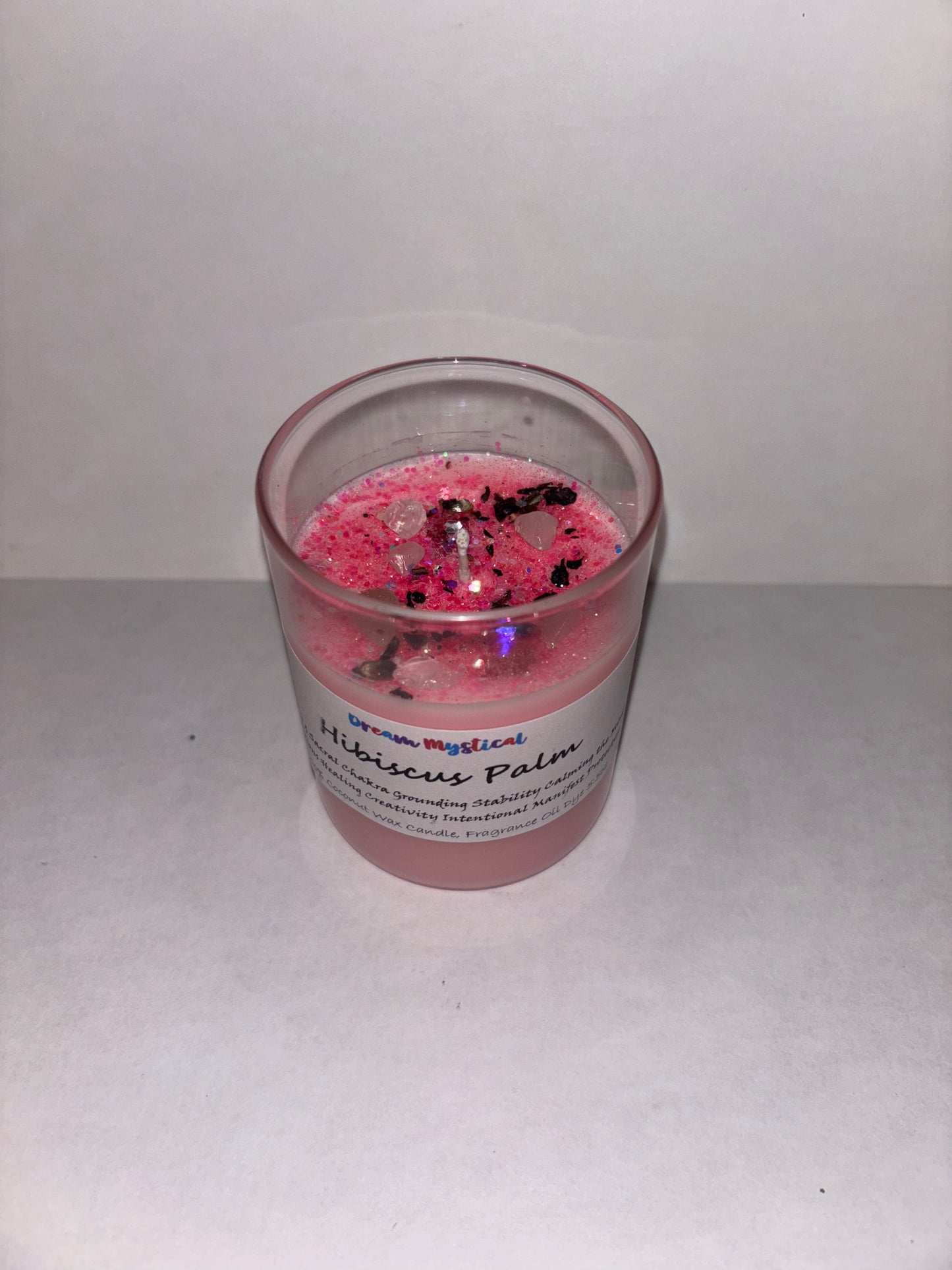 Hibiscus Palm Intentional Manifest 100% Coconut Wax Candle Sacral Chakra infused with crystals and Hibiscus Flower