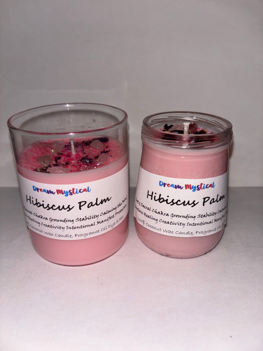Hibiscus Palm Intentional Manifest 100% Coconut Wax Candle Sacral Chakra infused with crystals and Hibiscus Flower