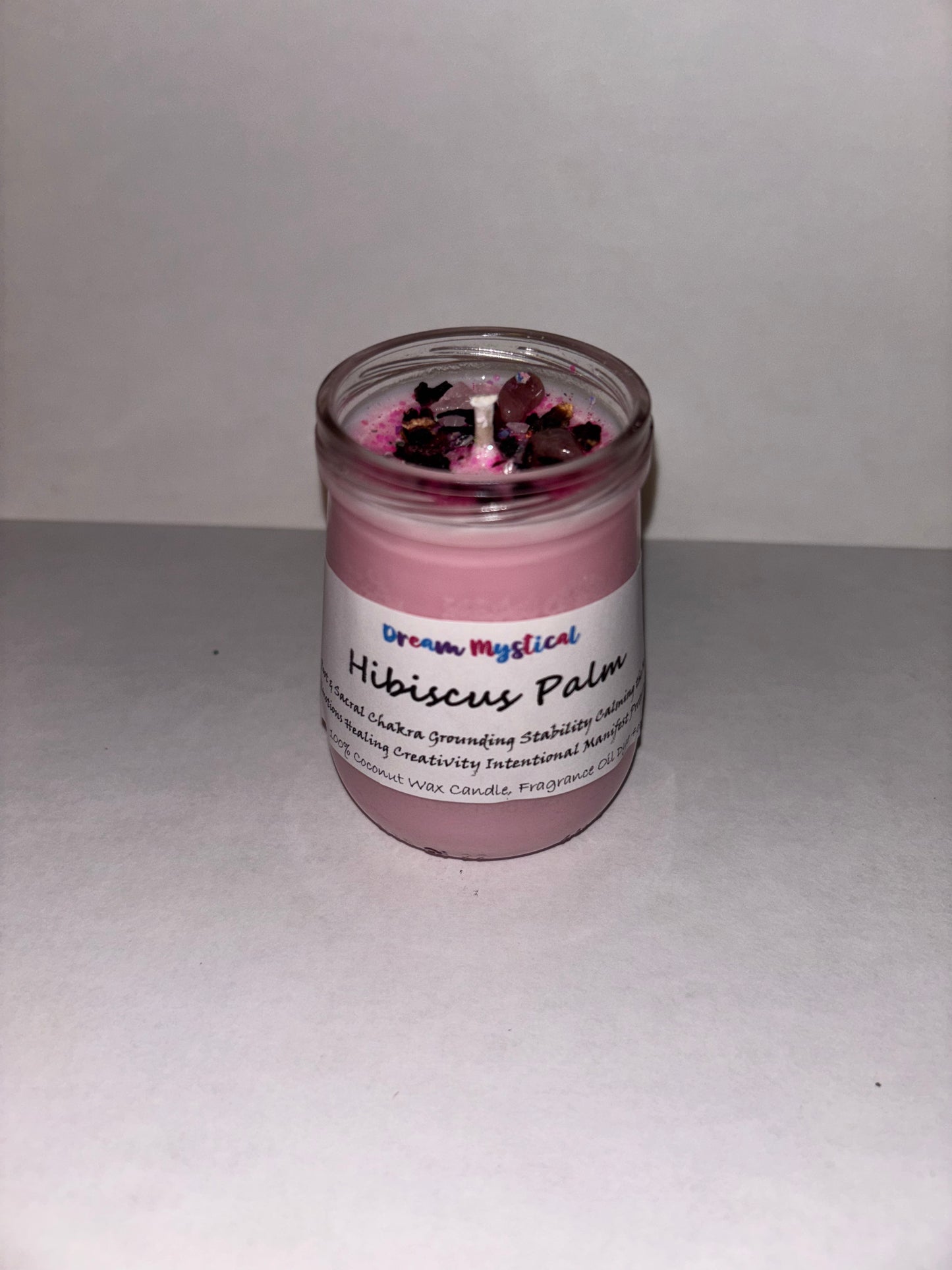 Hibiscus Palm Intentional Manifest 100% Coconut Wax Candle Sacral Chakra infused with crystals and Hibiscus Flower