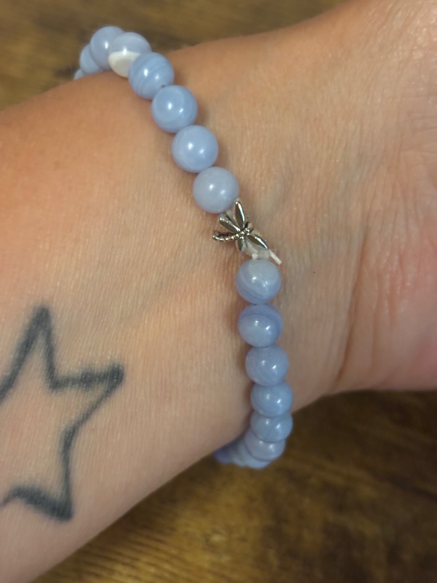 Divine Truth Blue Lace Agate with dragonfly charm Genuine Healing Crystals bracelet connect to Archangle Raguel & Mother Goddess Earth Gaia