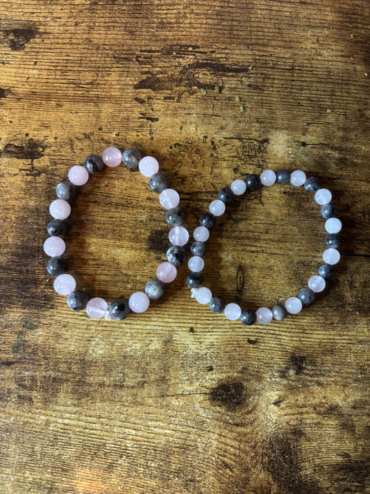Mystic Love Shield Rose Quartz & Labradorite Bracelet | Love & Protection Crystal Jewelry | Heart Crown Throat & Third Eye Chakra Healing | 6mm 8mm Beads