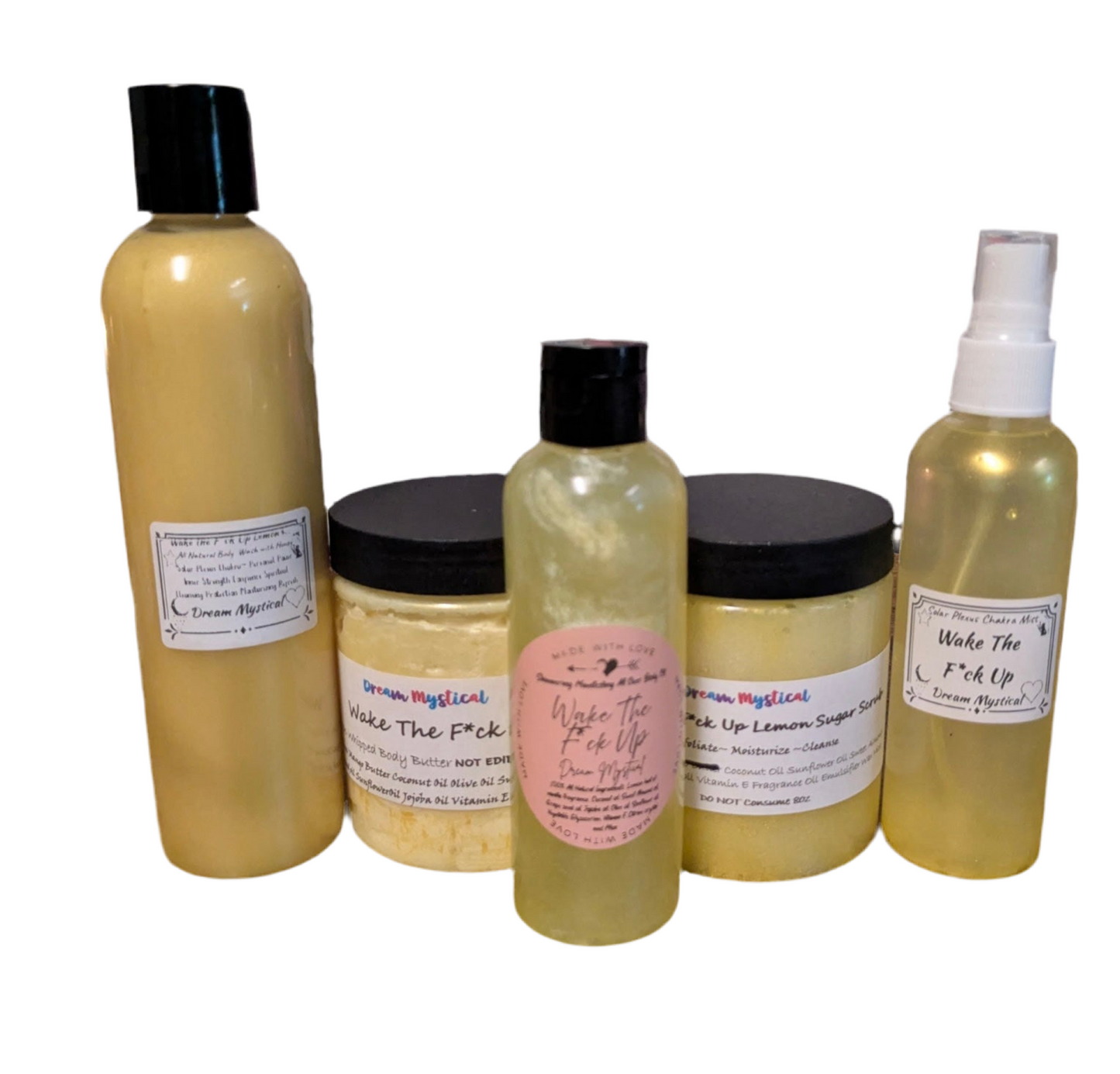 Deluxe Bundle 
Includes: 8oz Body Wash, 8oz Whipped Body Butter, 8oz Sugar Scrub, 4oz Body Oil, 4oz Body Mist, F U Evil Be Gone Bath Salts 
➡️ Valued at over $120— bundled for $80