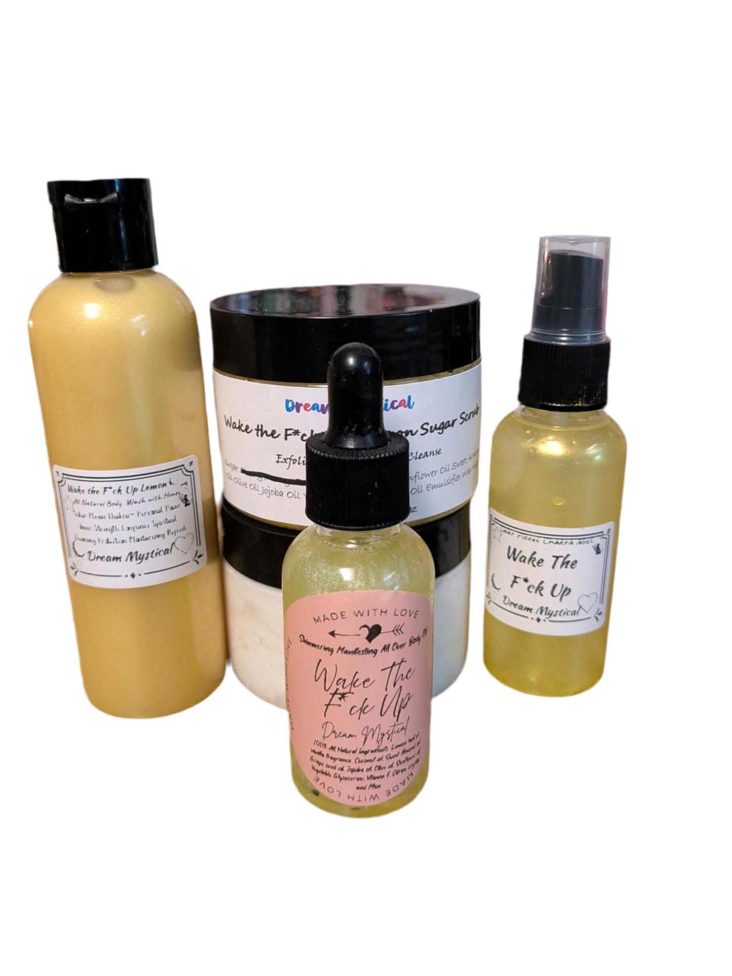 Deluxe Bundle 
Includes: 8oz Body Wash, 8oz Whipped Body Butter, 8oz Sugar Scrub, 4oz Body Oil, 4oz Body Mist, F U Evil Be Gone Bath Salts 
➡️ Valued at over $120— bundled for $80