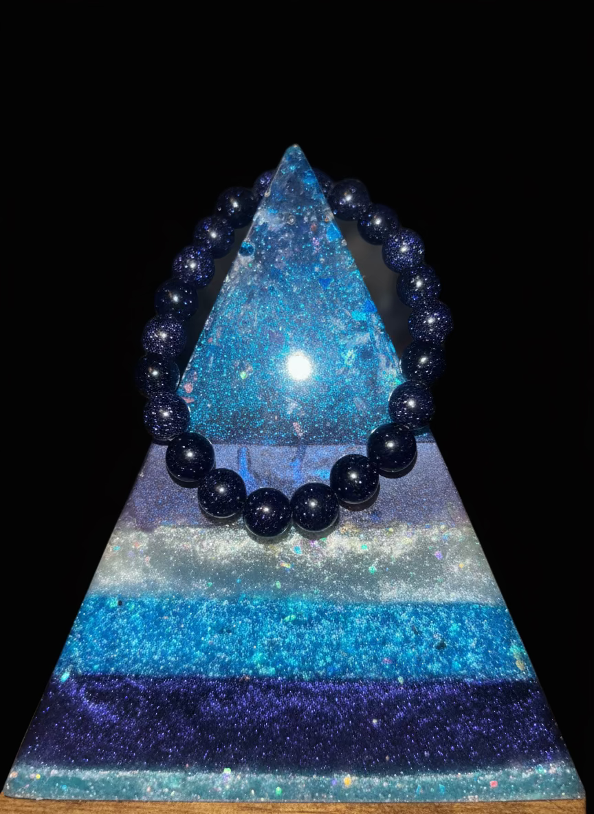 🌌 Handmade Celestial Blue Goldstone Bracelet | Evil Eye Protection & Throat Chakra Healing