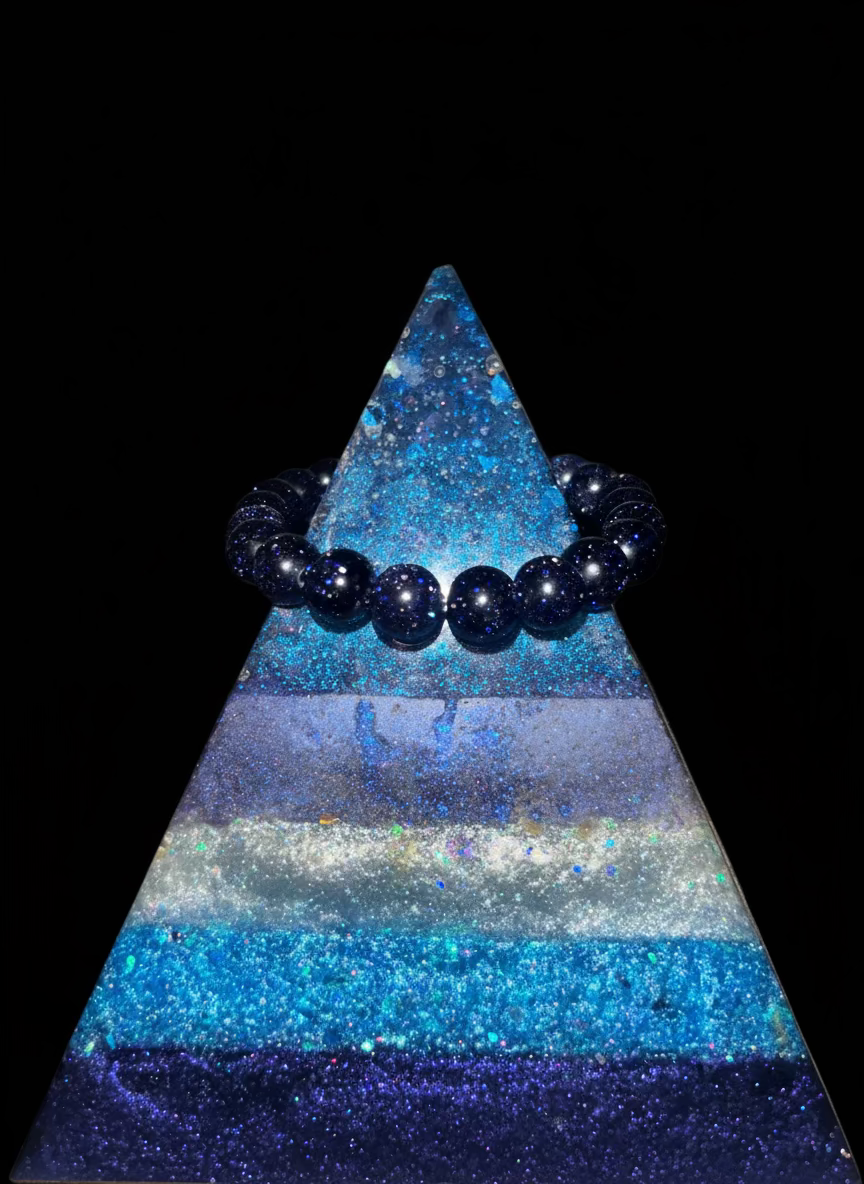 🌌 Handmade Celestial Blue Goldstone Bracelet | Evil Eye Protection & Throat Chakra Healing