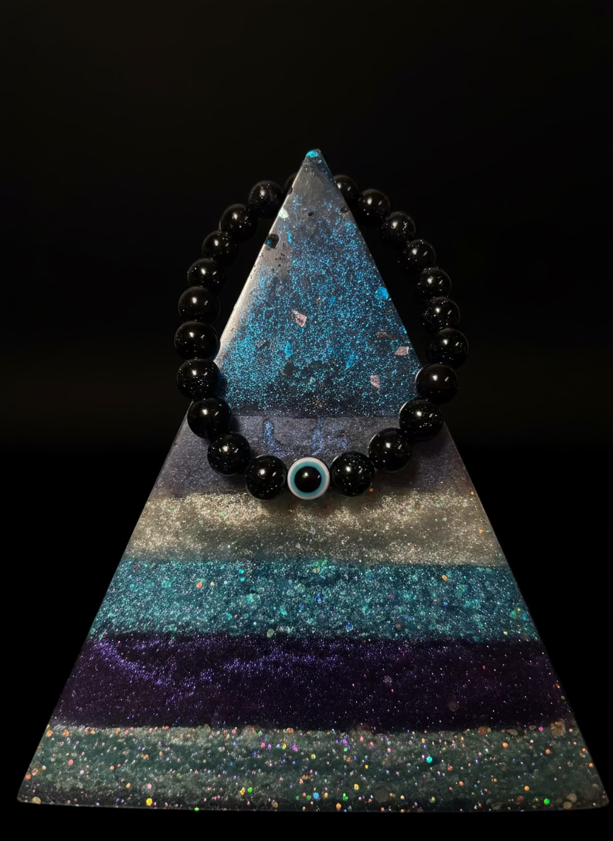 🌌 Handmade Celestial Blue Goldstone Bracelet | Evil Eye Protection & Throat Chakra Healing