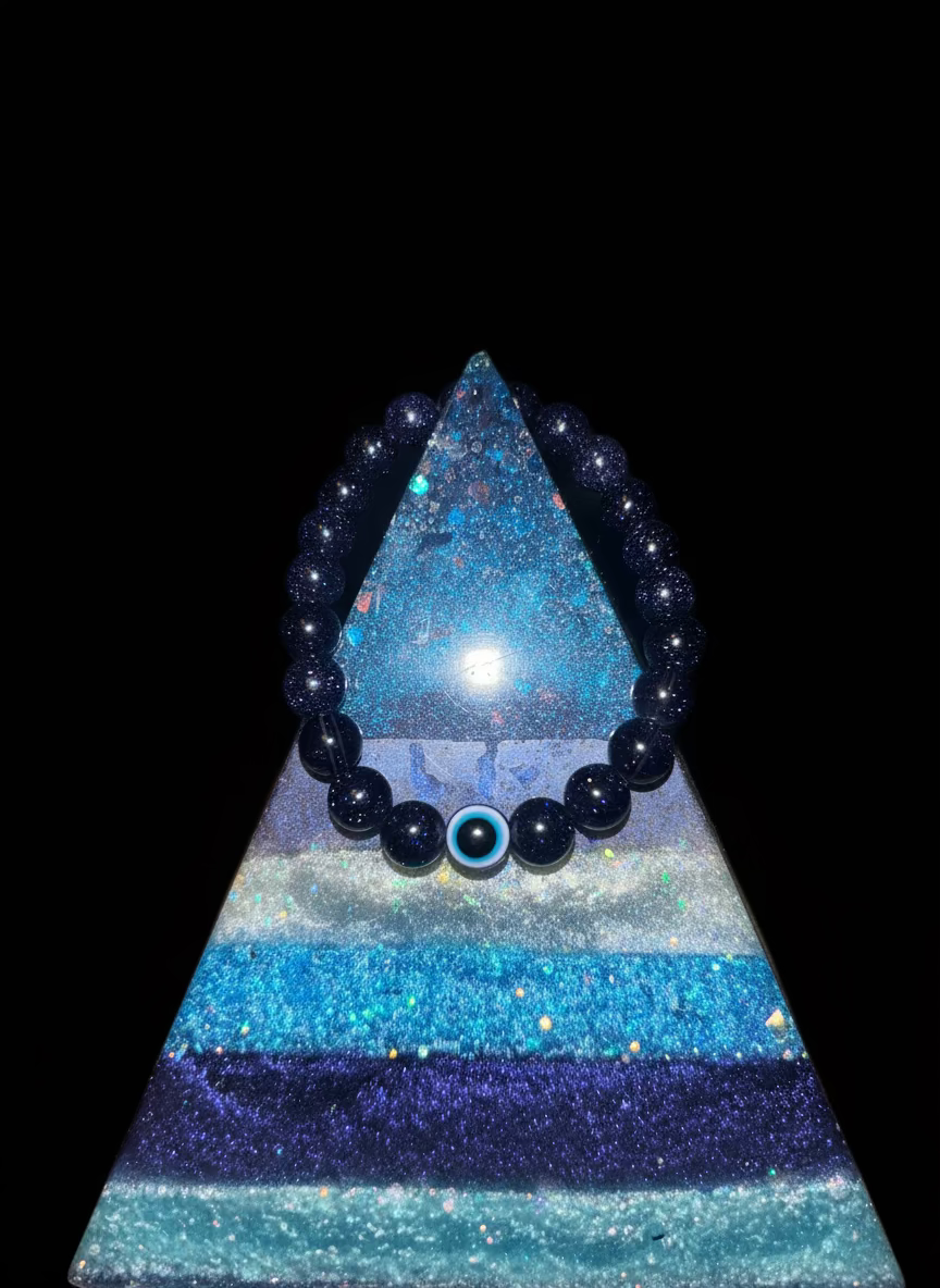 🌌 Handmade Celestial Blue Goldstone Bracelet | Evil Eye Protection & Throat Chakra Healing