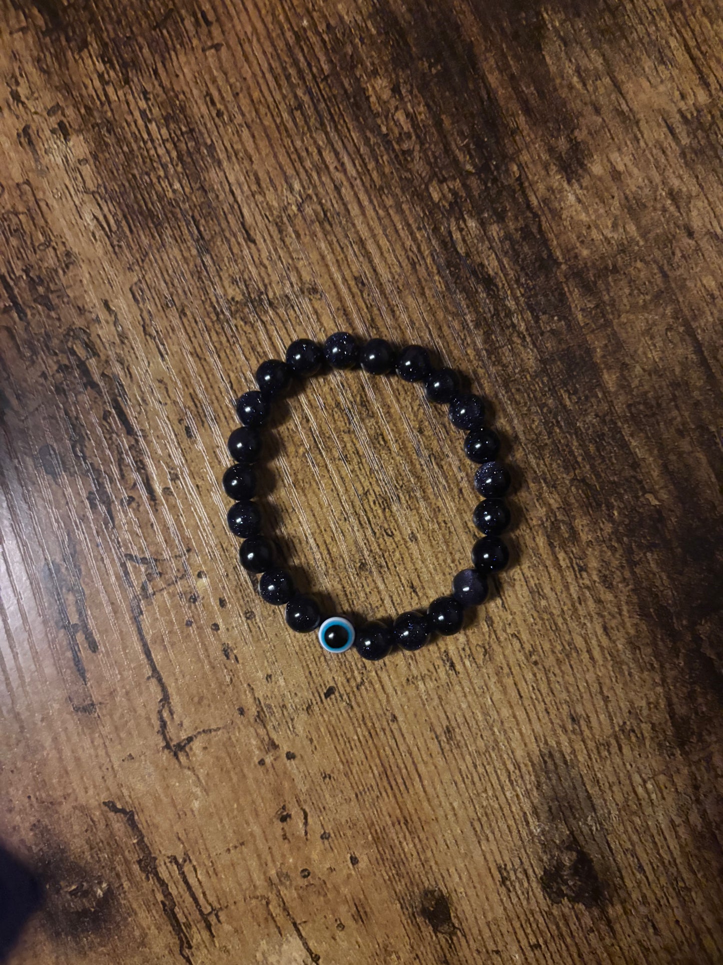 🌌 Handmade Celestial Blue Goldstone Bracelet | Evil Eye Protection & Throat Chakra Healing