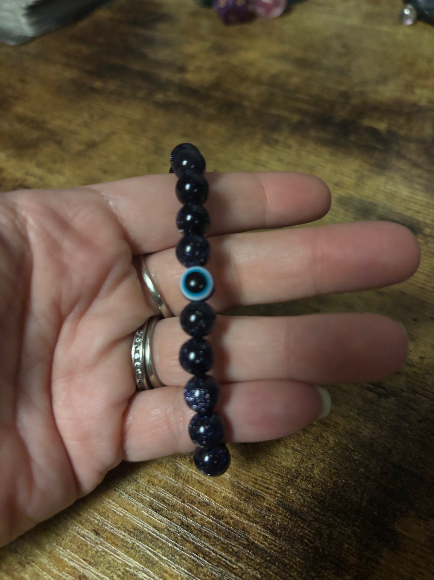 🌌 Handmade Celestial Blue Goldstone Bracelet | Evil Eye Protection & Throat Chakra Healing