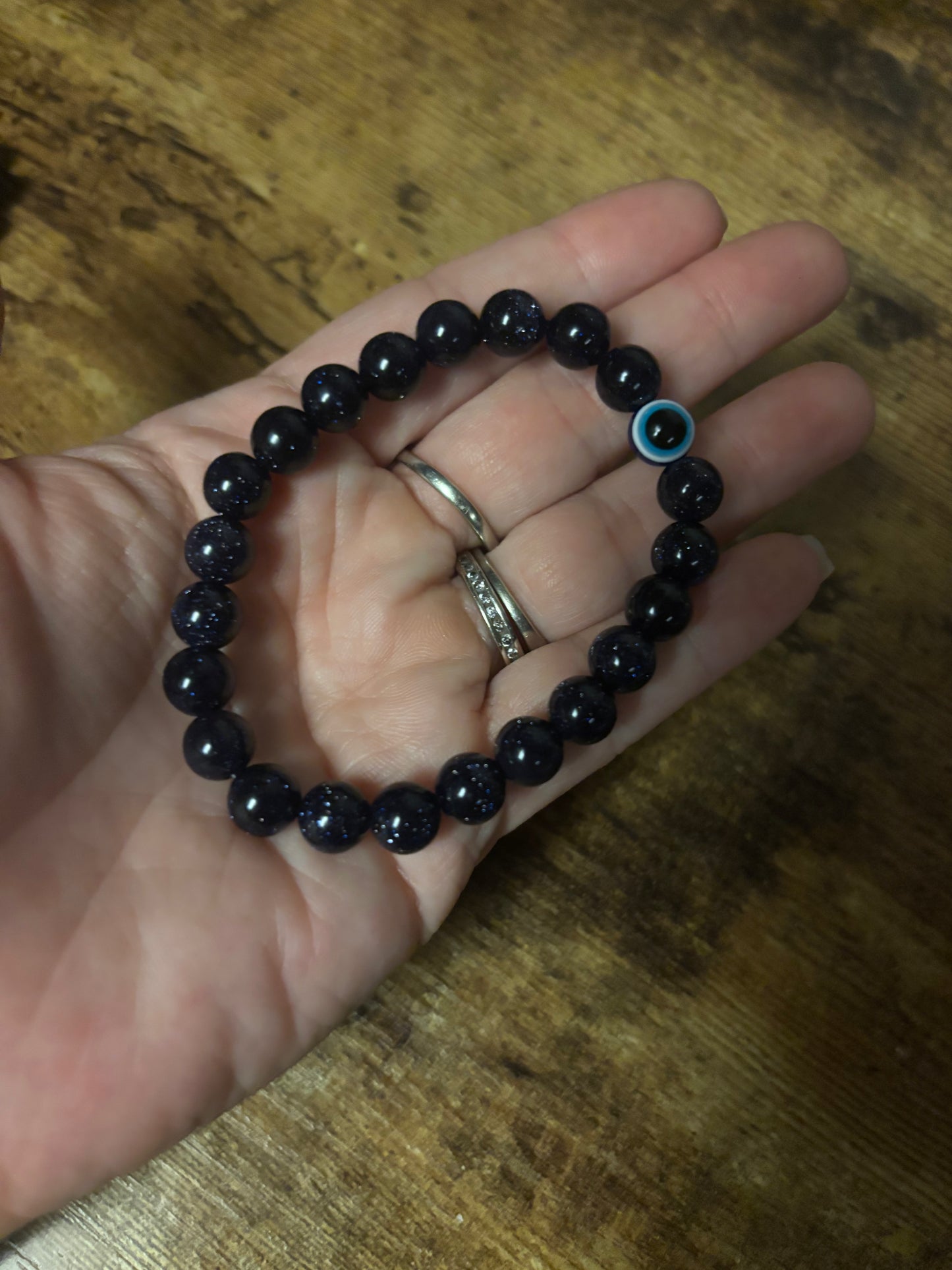 🌌 Handmade Celestial Blue Goldstone Bracelet | Evil Eye Protection & Throat Chakra Healing