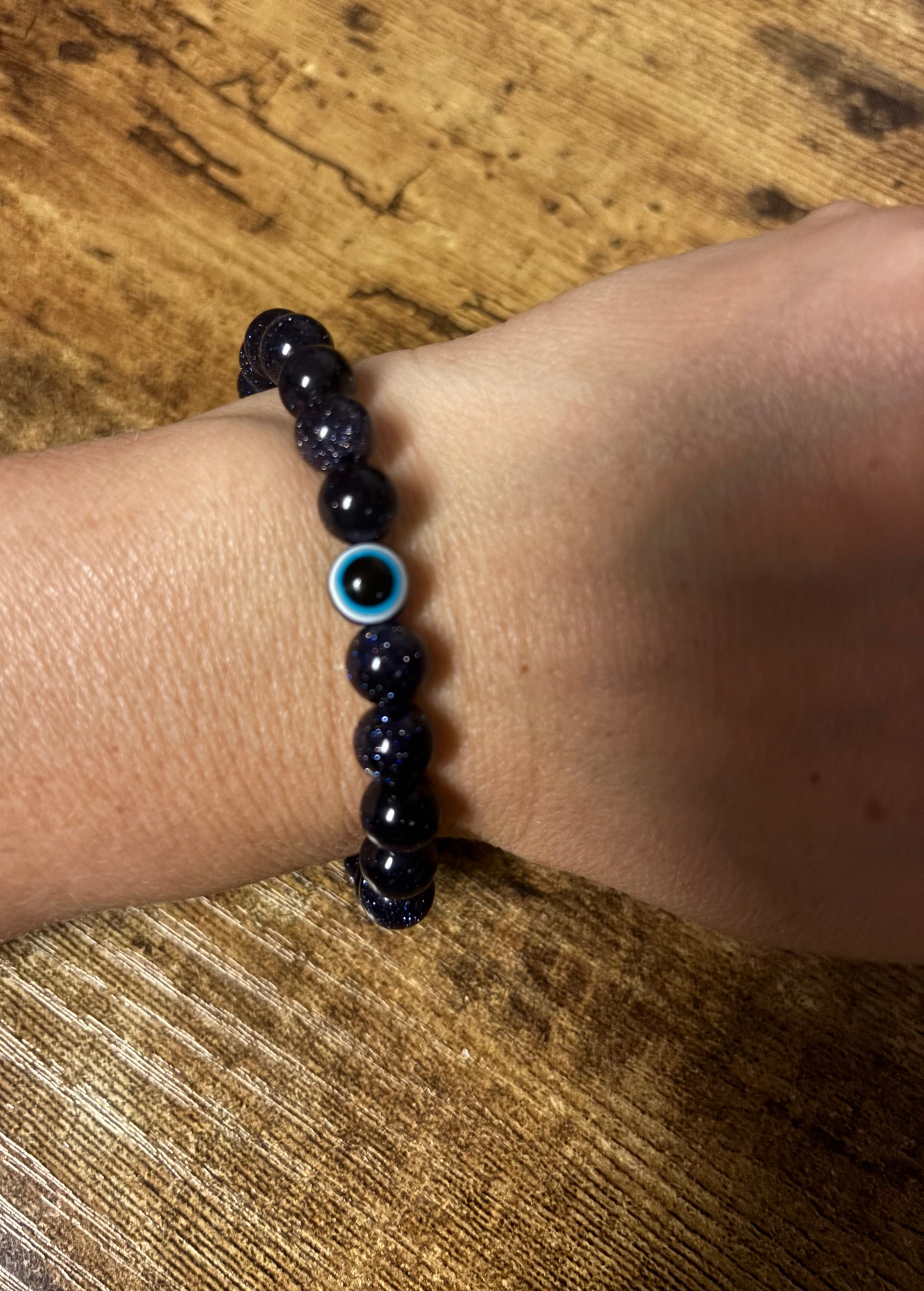 🌌 Handmade Celestial Blue Goldstone Bracelet | Evil Eye Protection & Throat Chakra Healing
