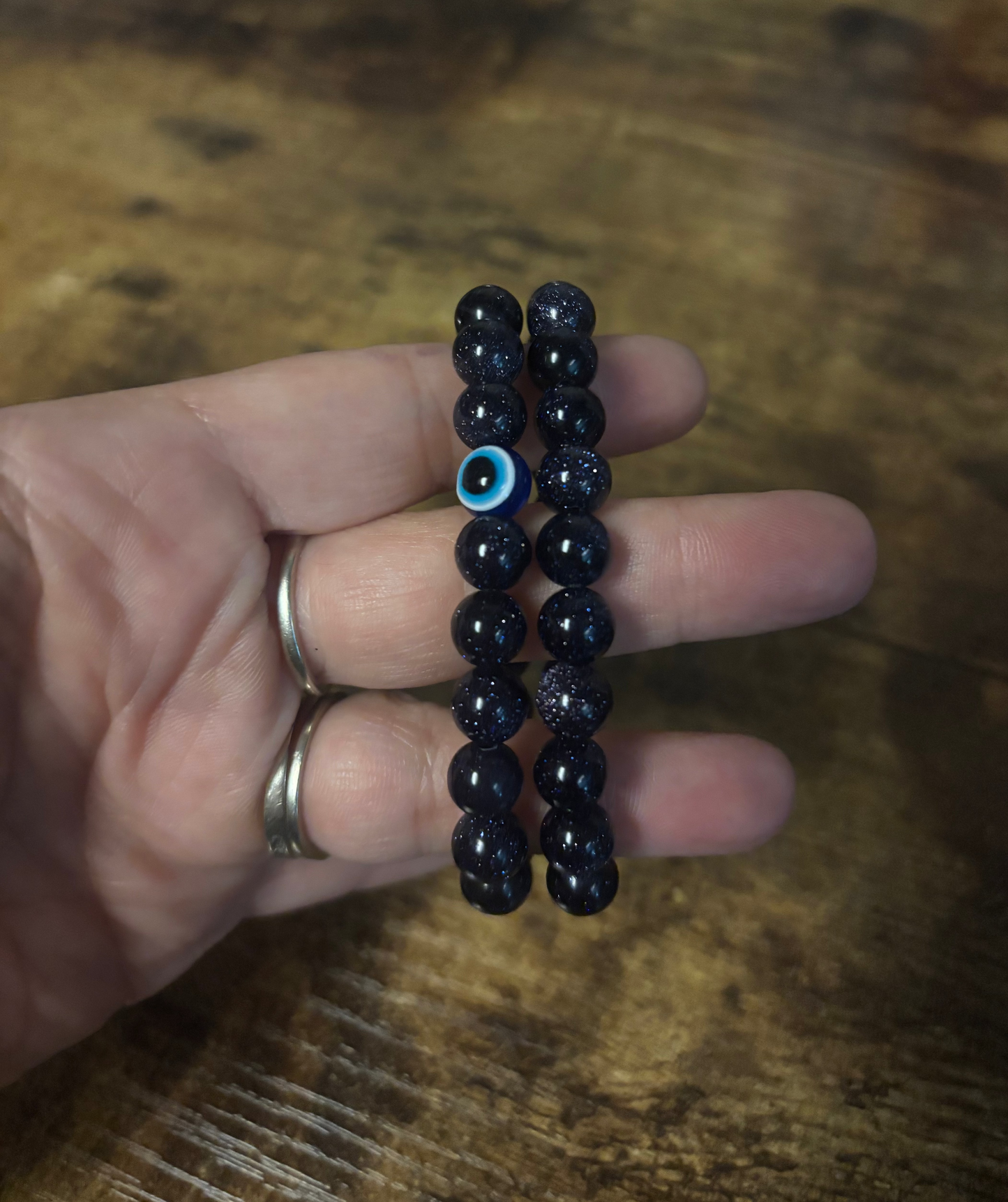 🌌 Handmade Celestial Blue Goldstone Bracelet | Evil Eye Protection & Throat Chakra Healing