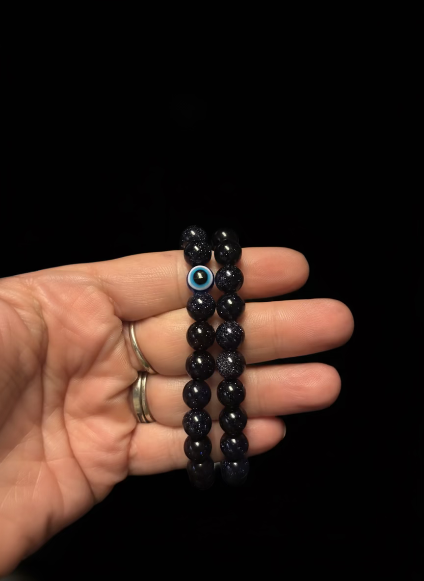 🌌 Handmade Celestial Blue Goldstone Bracelet | Evil Eye Protection & Throat Chakra Healing