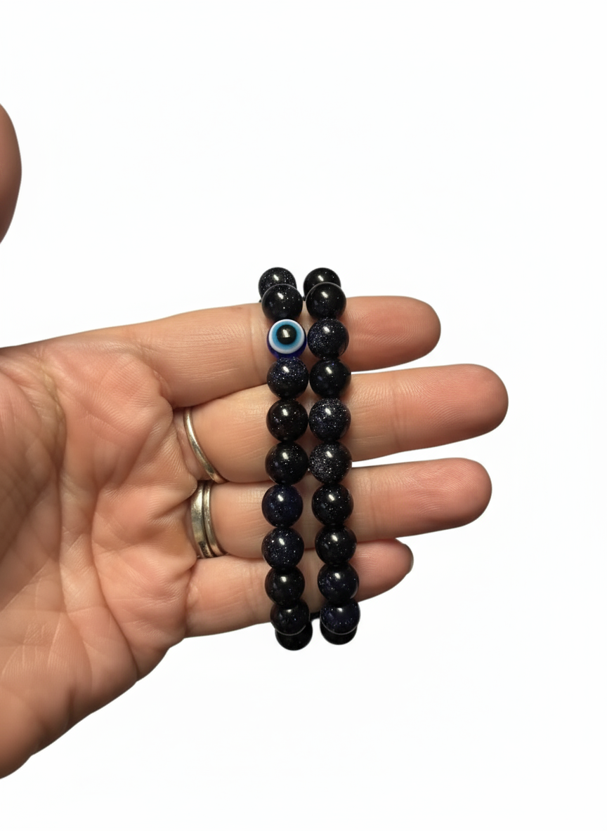 🌌 Handmade Celestial Blue Goldstone Bracelet | Evil Eye Protection & Throat Chakra Healing