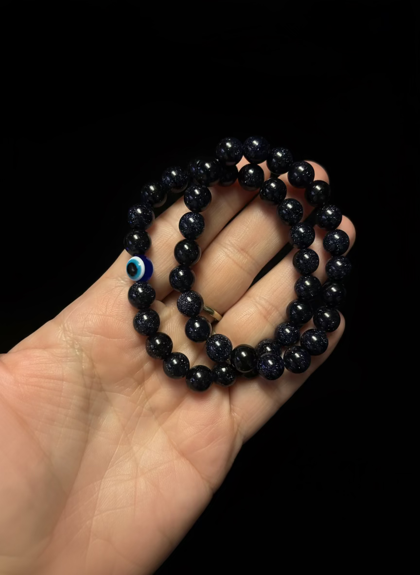🌌 Handmade Celestial Blue Goldstone Bracelet | Evil Eye Protection & Throat Chakra Healing