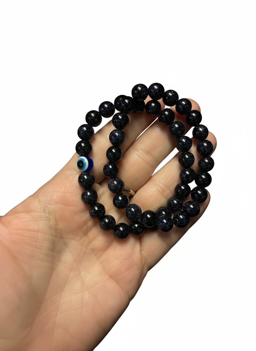 🌌 Handmade Celestial Blue Goldstone Bracelet | Evil Eye Protection & Throat Chakra Healing