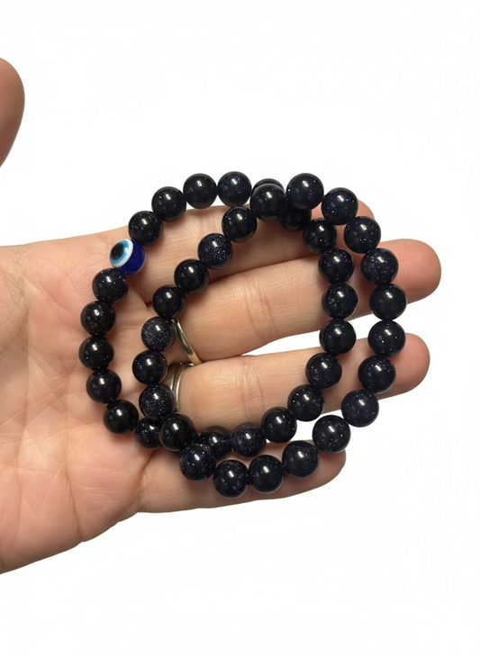 🌌 Handmade Celestial Blue Goldstone Bracelet | Evil Eye Protection & Throat Chakra Healing