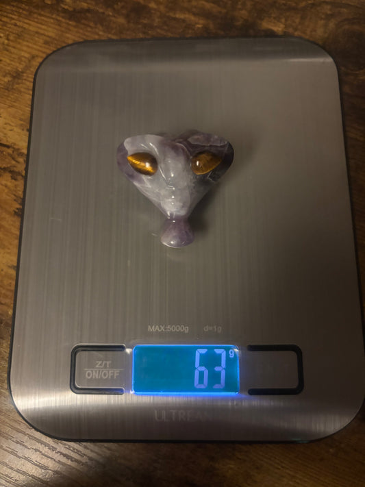 👽 Amethyst & Tiger’s Eye Alien Head – 63g / 2” – Spiritual Protection & Higher Vision